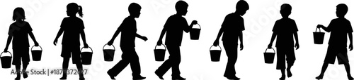 Set of little kids holding pails, black silhouette of boys and girls with buckets, isolated on white background, vector illustration, summer beach activity, playing game.