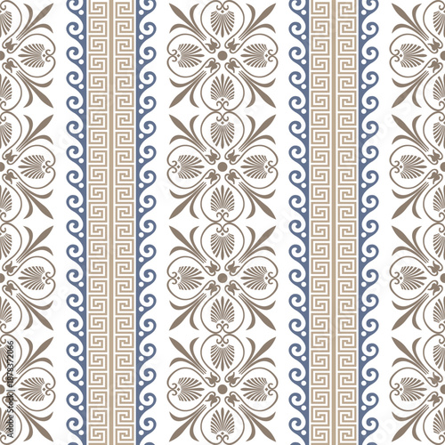 Seamless vertical pattern classical Greek motifs: stylized acanthus palmette center, key fret border, floral meander. Elegant gold and blue palette. Greek key. Typical egyptian, assyrian, greek border