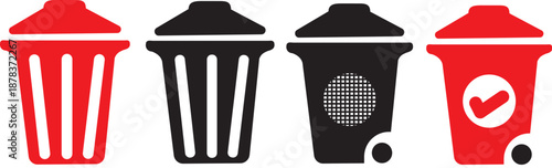 Trash can icons set for UI design flat vector with delete status and wheel bin style icons