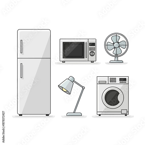 Household Appliances - Refrigerator, Microwave, Fan, Lamp, and Washing Machine.