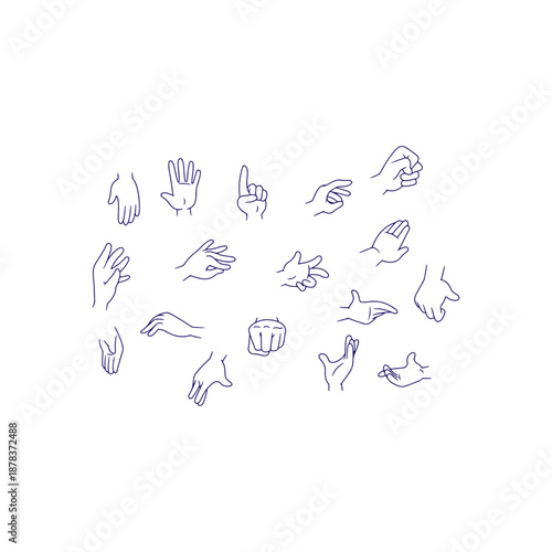 A collection of various hand gestures in blue lines on white background
