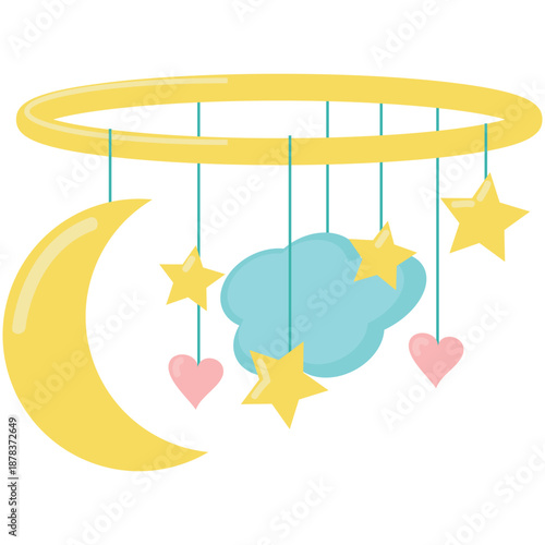 Baby crib mobile carousel vector flat icon. Cute cradle bed rattle musical toy illustration isolated on white background