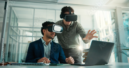 Fotografie Business, people and laptop with vr headset in office for training, simulation and developer