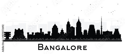 Bangalore India city skyline silhouette with black buildings isolated on white. Illustration. Bengaluru cityscape with landmarks. Business travel, tourism concept with modern, historic architecture.