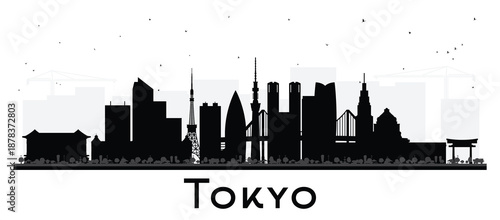 Tokyo Japan city skyline silhouette with black buildings isolated on white. Illustration. Tokyo cityscape with landmarks. Business travel and tourism concept with modern and historic architecture.