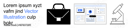 Technology, data visualization, science, business tools, research systems, corporate tools. A suitcase, dashboard interface and microscope. Technology and data visualization in research and business