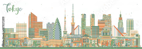 Tokyo Japan city skyline with color buildings. Tokyo cityscape with landmarks. Business travel and tourism concept with modern and historic architecture.
