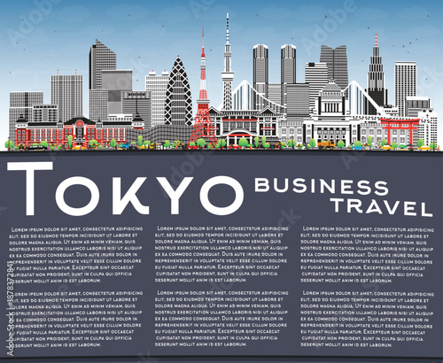 Tokyo Japan city skyline with color buildings, blue sky and copy space. Tokyo cityscape with landmarks. Business travel and tourism concept with modern and historic architecture.