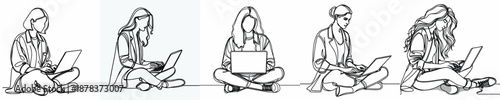 line art of a woman sitting on the floor with a laptop