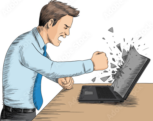 Enraged Businessman Punching through a Laptop Screen, Concept of Digital Rage, Extreme Technical Frustration, Workplace Burnout, Software Failure, and Intense Professional Stress Vector Illustration