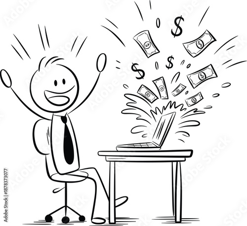 Stick Figure Businessman Cheering as Money Erupts from a Laptop, Concept of Online Success, Digital Wealth Creation, E-commerce Profits, and Financial Triumph Vector Illustration