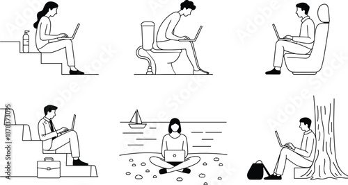 Digital Nomad and Remote Work Icon Set Featuring People Working on Laptops in Locations, Concept of Workplace Flexibility, Mobile Professional Lifestyle, and Modern Connectivity Vector Illustration