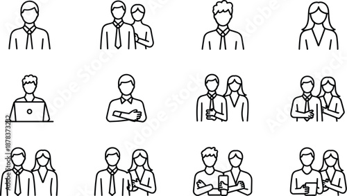 Professional Business People Line Icon Set Featuring Solo Practitioners, Collaborative Duos, and Team Partnerships,  Digital Office Dynamics Vector Illustration