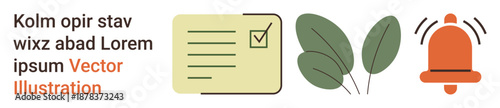 Organization, productivity, notifications, reminders, planning decor. Checklist icon with foliage and bell. Organization and productivity. Line metaphor. Simple line icons