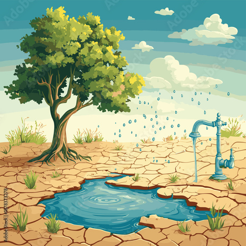 Illustration of a dry landscape with cracked earth, a tree, a faucet, and water droplets falling , vector style simple color