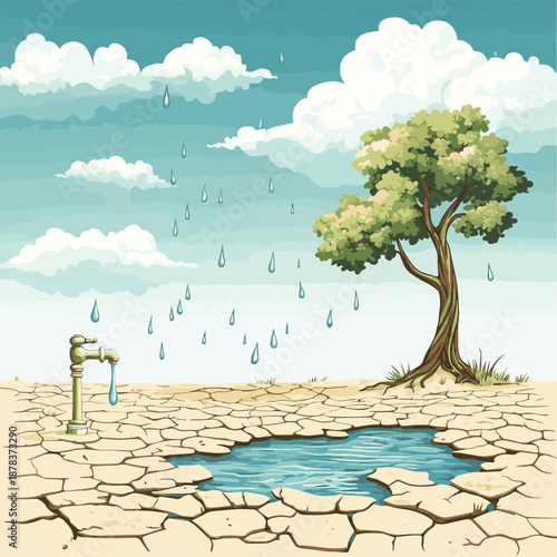 Illustration of a dry landscape with cracked earth, a tree, a faucet, and water droplets falling , vector style simple color