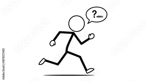Stick figure running with a questioning thought bubble.