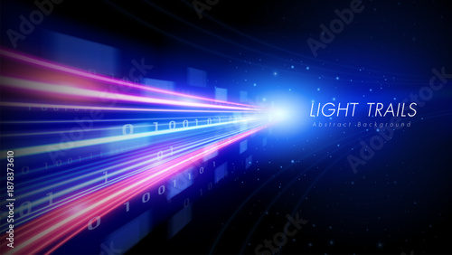 Abstract background with blue light trails and glowing binary code on dark backdrop. Concept of data flowing into a center.