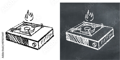 Chalk handdrawn stove icon vector for kitchen menus. Ideal for cooking appliances, restaurant blackboards, and rustic culinary art.