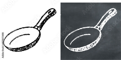 Chalk handdrawn frying pan icon vector for food art. Ideal for cooking tools, chef equipment, restaurant blackboards, and rustic menu designs.