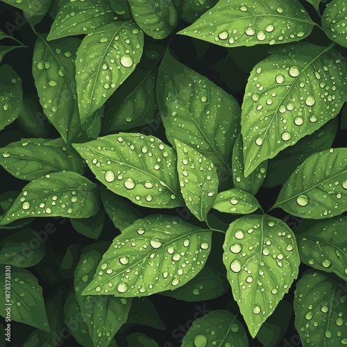 Close up of green leaves with water droplets showcasing intricate vein patterns and textured surfaces detail , vector style simple color