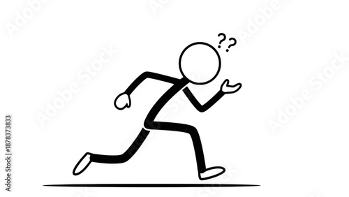 Stick figure running with a puzzled expression and question marks.
