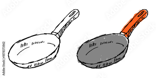 Grunge sketch handdrawn frying pan icon vector for rustic art. Ideal for rough cookware textures, dirty chef tools, and artistic kitchen menus.
