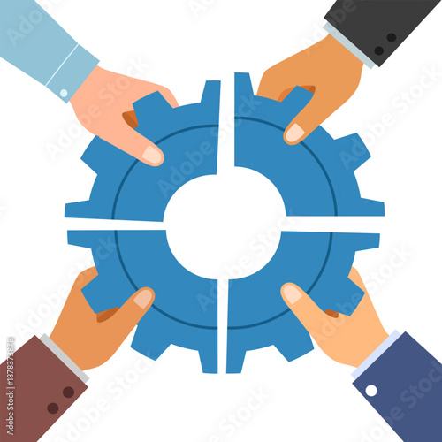 The concept of partnership, to get a solution, work efficiency, optimization.Teammates connecting the parts of the gear together.