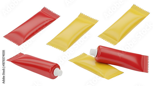 Red and yellow condiment tubes and sachets set, PNG with alpha channel, transparency packaging.