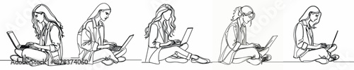 line art of a woman sitting on the floor with a laptop