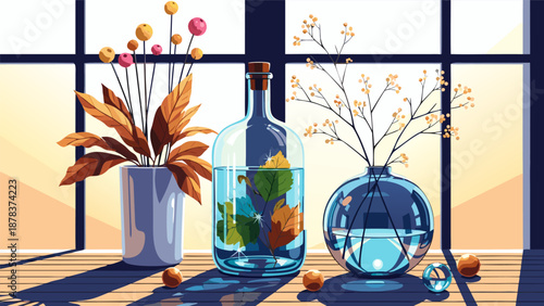 Cozy autumn still life vector illustration featuring decorative vases and a bottle filled with water and leaves on a sunlit windowsill, casting beautiful shadows