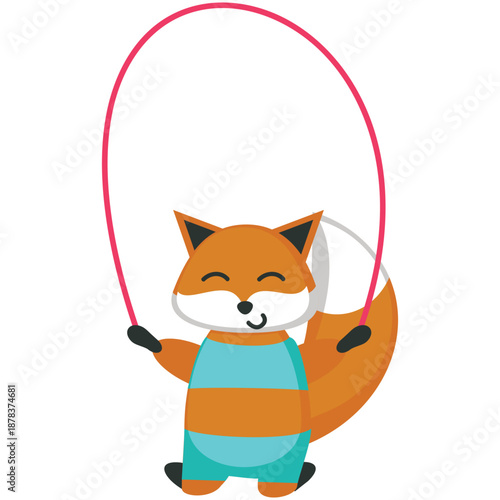 Fox jumping on rope vector. Cartoon cute funny sport character with skipping rope illustration isolated on white background. Sportive activity and fitness