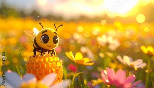 Cute Cartoon Bee in Flower Field: A cheerful, big-eyed cartoon bee sits on a honeycomb in a vibrant field of colorful wildflowers, basking in the warm golden light of sunrise or sunset.