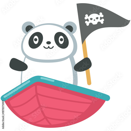Panda pirate vector. Cute bear sailor in boat icon. Funny baby animal character floating in ship illustration isolated on white background