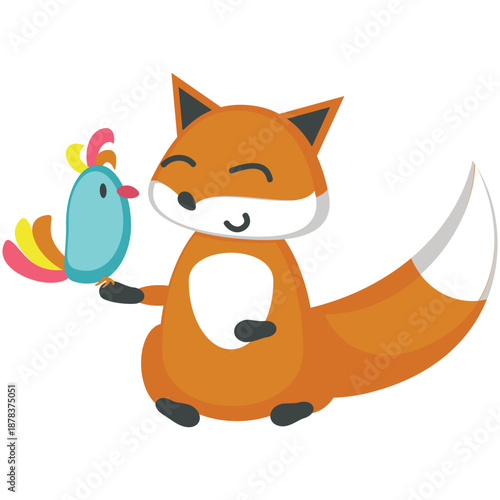 Fox and parrot vector. Cute animal and bird icon. Funny characters playing together having fun isolated on white background