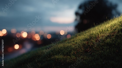 Evening grassy hill cityscape