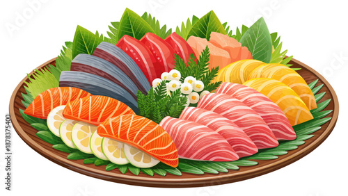 Assortment of Fresh Sashimi Slices on a Decorative Plate