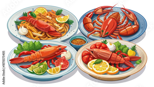 Assortment of Lobster Dishes on Plates
