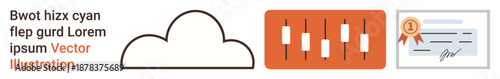 Cloud computing, financial trading, education, awards, certification, data analysis. Minimalist cloud, candlestick chart certificating badge. Cloud computing and financial trading concept
