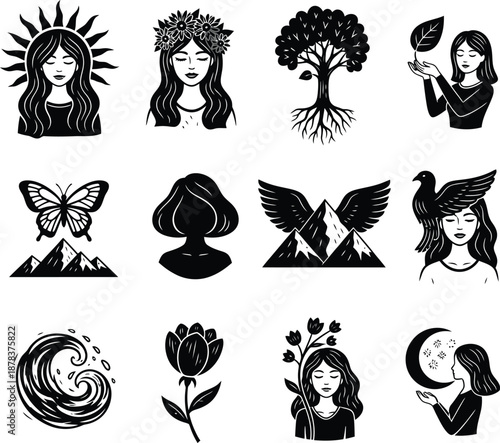 International Women’s Day black linocut women themed icon set with sunhair, flowers, roots, wings, and moon