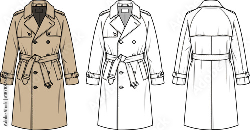 Vector technical flat sketch of a classic double breasted trench coat, featuring waist belt, notched lapels, epaulettes, for outerwear apparel design, fashion template drawing.