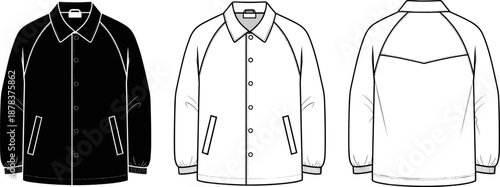 Vector technical flat sketch of a coach jacket, featuring raglan sleeves, snap front closure, spread collar, side pockets, for streetwear, outerwear, apparel design template.