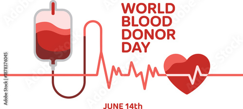 Blood Bag with Heartbeat Line and Heart for June 14 World Blood Donor Day, Concept of Life-Saving Donation, Medical Healthcare Solidarity, Altruism, and Community Support Vector Illustration
