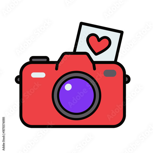Flat icon of red camera with heart photo.