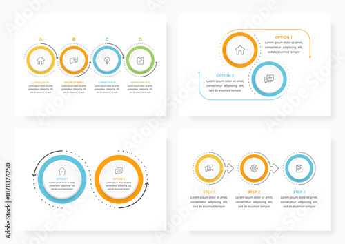 Four infographic templates with two, three and four steps or options, business process or workflow infographics diagrams