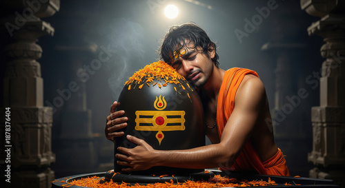 Young Man's Emotional Devotion to Shiva Lingam in Sacred Temple
