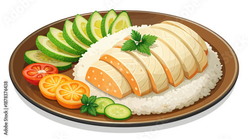 Hainanese Chicken Rice with Sliced Cucumber and Orange