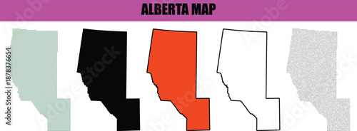 Silhouette, line art, dot, dotted, star art A comprehensive collection of five distinct graphic vector style maps illustrating the Canadian province of Albertas geographic outline and territory
