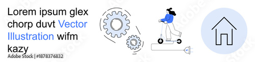 Urban mobility, technology, home design, gears, innovation, automation. Person riding a scooter, gear icons and a digital home symbol. Urban mobility and technology