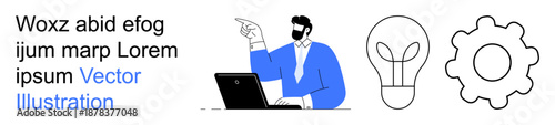 Innovation, technology, problem-solving, brainstorming, workflow, creativity. A professional pointing beside a laptop with light bulb and gear icons. Innovation and technology in dynamic workflows